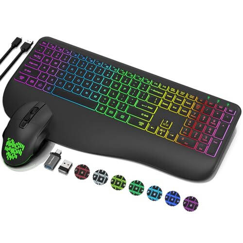 Wireless Keyboard and Mouse Combo, 9 Backlit Effects, Wrist Rest, Sleep Mode, 2.4G Lag-Free Ergonomic Rechargeable Silent Cordless Keyboard Mouse Combo for Computer, Laptop, PC, Windows (Black) - 1