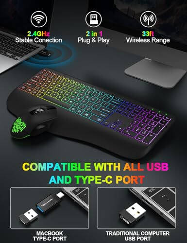 Wireless Keyboard and Mouse Combo, 9 Backlit Effects, Wrist Rest, Sleep Mode, 2.4G Lag-Free Ergonomic Rechargeable Silent Cordless Keyboard Mouse Combo for Computer, Laptop, PC, Windows (Black) - 3