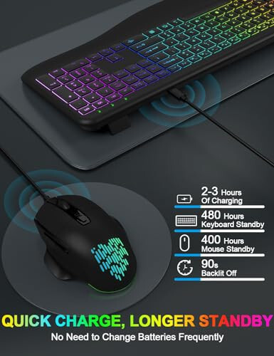 Wireless Keyboard and Mouse Combo, 9 Backlit Effects, Wrist Rest, Sleep Mode, 2.4G Lag-Free Ergonomic Rechargeable Silent Cordless Keyboard Mouse Combo for Computer, Laptop, PC, Windows (Black) - 6