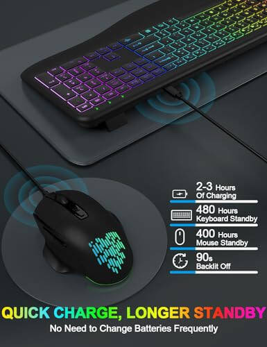 Wireless Keyboard and Mouse Combo, 9 Backlit Effects, Wrist Rest, Sleep Mode, 2.4G Lag-Free Ergonomic Rechargeable Silent Cordless Keyboard Mouse Combo for Computer, Laptop, PC, Windows (Black) - 6