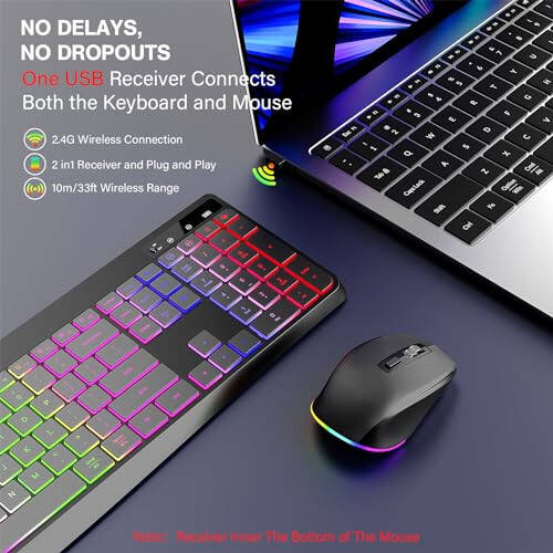 Wireless Keyboard and Mouse Combo Backlit, 2.4Ghz Rechargeable Light Up Keyboard and RGB Mouse, Quiet Ergonomic Wireless Mouse Keyboard for Mac, Windows, Laptop, PC (Black) - 2