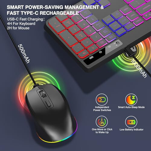 Wireless Keyboard and Mouse Combo Backlit, 2.4Ghz Rechargeable Light Up Keyboard and RGB Mouse, Quiet Ergonomic Wireless Mouse Keyboard for Mac, Windows, Laptop, PC (Black) - 4