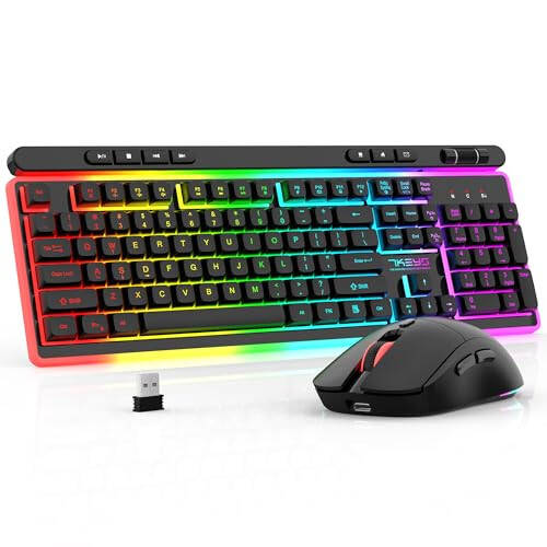 Wireless Keyboard and Mouse Combo, Gaming Keyboard Rechargeable Cool RGB Backlight, 7KEYS Full-Size Keyboard with Ergonomic, Light up Gaming Mouse 3200 DPI for PC Desk/Laptop/MAC - 1