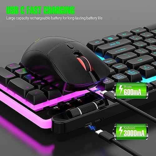 Wireless Keyboard and Mouse Combo, Gaming Keyboard Rechargeable Cool RGB Backlight, 7KEYS Full-Size Keyboard with Ergonomic, Light up Gaming Mouse 3200 DPI for PC Desk/Laptop/MAC - 3