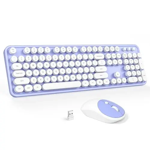 Wireless Keyboard and Mouse Combo - GEEZER Binafsha-Oq To'liq O'lchamli Rangli Klaviatura 104 Tugma - USB 2.4 G Qabul qiluvchi Dumaloq Kalpak Yozuv Mashinasi Klaviaturalari bilan Windows, PC, Noutbuk uchun Ulan va O'yna 
