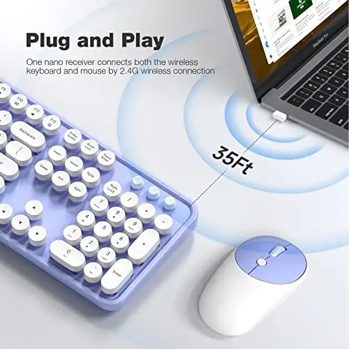 Wireless Keyboard and Mouse Combo - GEEZER Binafsha-Oq To'liq O'lchamli Rangli Klaviatura 104 Tugma - USB 2.4 G Qabul qiluvchi Dumaloq Kalpak Yozuv Mashinasi Klaviaturalari bilan Windows, PC, Noutbuk uchun Ulan va O'yna - GEEZER (1)