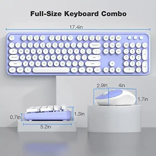 Wireless Keyboard and Mouse Combo - GEEZER Binafsha-Oq To'liq O'lchamli Rangli Klaviatura 104 Tugma - USB 2.4 G Qabul qiluvchi Dumaloq Kalpak Yozuv Mashinasi Klaviaturalari bilan Windows, PC, Noutbuk uchun Ulan va O'yna - 7