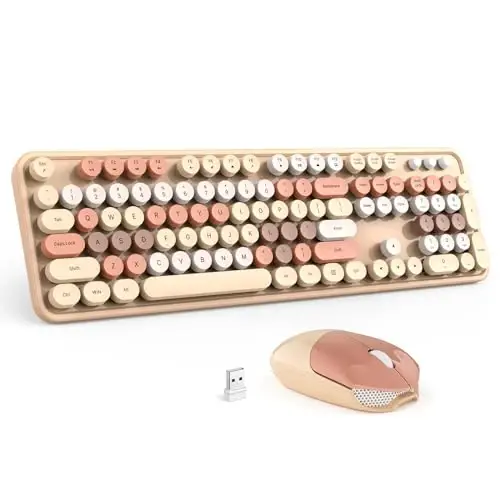 Wireless Keyboard and Mouse Combo - GEEZER Coffee Toʻliq oʻlchamli rangli klaviatura 104 ta tugma - USB 2.4 G qabul qiluvchi Windows, PC, noutbuk, ish stoli uchun dumaloq tugmachali yozuv mashinkasi klaviaturalari bilan Plug and Play 
