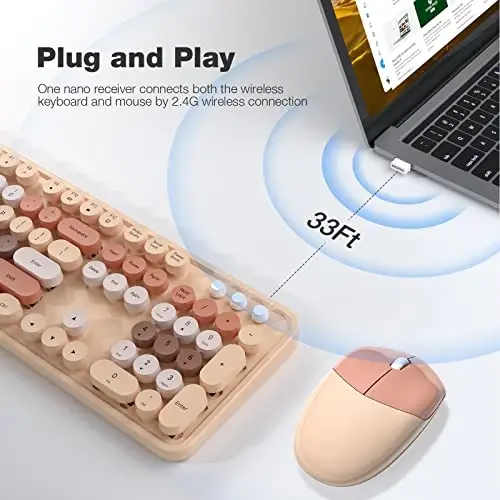 Wireless Keyboard and Mouse Combo - GEEZER Coffee Toʻliq oʻlchamli rangli klaviatura 104 ta tugma - USB 2.4 G qabul qiluvchi Windows, PC, noutbuk, ish stoli uchun dumaloq tugmachali yozuv mashinkasi klaviaturalari bilan Plug and Play - 2