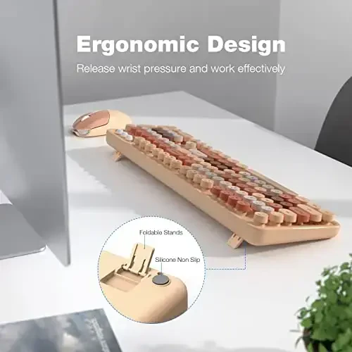 Wireless Keyboard and Mouse Combo - GEEZER Coffee Toʻliq oʻlchamli rangli klaviatura 104 ta tugma - USB 2.4 G qabul qiluvchi Windows, PC, noutbuk, ish stoli uchun dumaloq tugmachali yozuv mashinkasi klaviaturalari bilan Plug and Play - 3