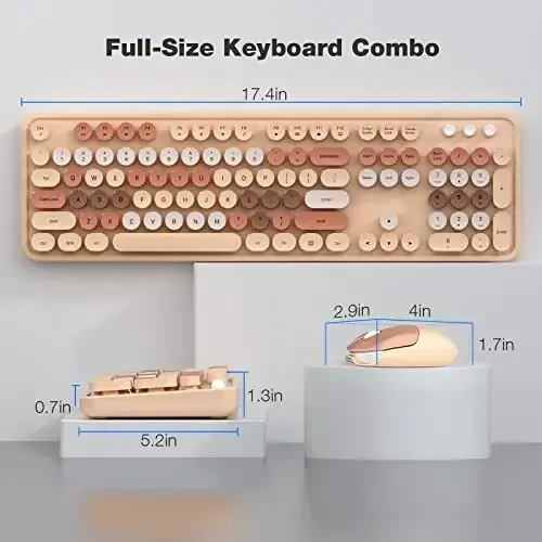 Wireless Keyboard and Mouse Combo - GEEZER Coffee Toʻliq oʻlchamli rangli klaviatura 104 ta tugma - USB 2.4 G qabul qiluvchi Windows, PC, noutbuk, ish stoli uchun dumaloq tugmachali yozuv mashinkasi klaviaturalari bilan Plug and Play - 7