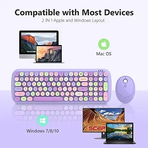 Wireless Keyboard and Mouse Combo - GEEZER Lilac Purple Round Keycap Keyboard 100 Keys - USB 2.4G Receiver Plug Play Typewriter Keyboards for Windows, PC, Laptop, Desktop - 5