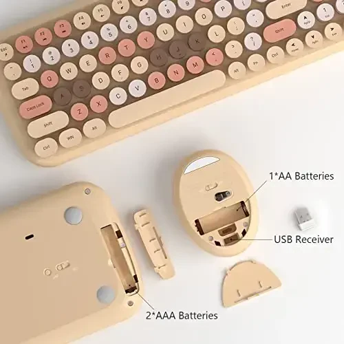 Wireless Keyboard and Mouse Combo - GEEZER Pale Coffee Colorful Round Keycap Keyboard 100 Keys - USB 2.4G Receiver Plug Play Typewriter Keyboards for Windows, PC, Laptop, Desktop - 6