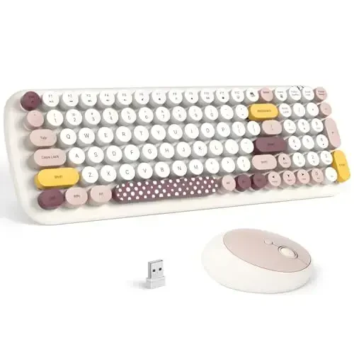 Wireless Keyboard and Mouse Combo - GEEZER Pale Milkwhite Colorful Round Keycap Keyboard 100 Keys - USB 2.4G Receiver Plug Play Typewriter Keyboards for Windows, PC, Laptop, Desktop - 1