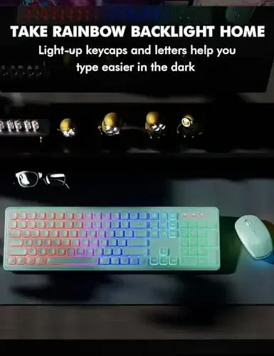 Wireless Keyboard and Mouse Combo - RGB Backlit, Rechargeable & Light Up Letters, Full-Size, Ergonomic Tilt Angle, Sleep Mode, 2.4GHz Quiet Keyboard Mouse for Mac, Windows, Laptop, PC, Mint Green - 5