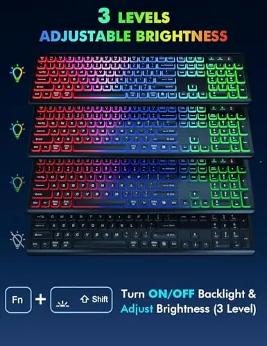 Wireless Keyboard and Mouse Combo - RGB Backlit, Rechargeable & Light Up Letters, Full-Size, Ergonomic Tilt Angle, Sleep Mode, 2.4GHz Quiet Keyboard Mouse for Mac, Windows, Laptop, PC, Trueque 