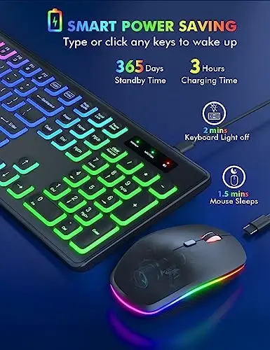 Wireless Keyboard and Mouse Combo - RGB Backlit, Rechargeable & Light Up Letters, Full-Size, Ergonomic Tilt Angle, Sleep Mode, 2.4GHz Quiet Keyboard Mouse for Mac, Windows, Laptop, PC, Trueque - 3