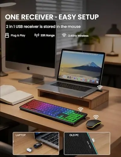 Wireless Keyboard and Mouse Combo - RGB Backlit, Rechargeable & Light Up Letters, Full-Size, Ergonomic Tilt Angle, Sleep Mode, 2.4GHz Quiet Keyboard Mouse for Mac, Windows, Laptop, PC, Trueque - 2