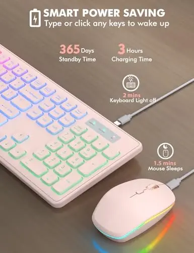 Wireless Keyboard and Mouse Combo - RGB Backlit, Rechargeable & Light Up Letters, Full-Size, Ergonomic Tilt Angle, Sleep Mode, 2.4GHz Quiet Keyboard Mouse for Mac, Windows, Laptop, PC, Trueque, Pink - 2