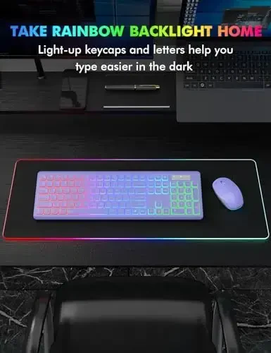 Wireless Keyboard and Mouse Combo, RGB Backlit, Rechargeable & Light Up Letters, Full-Size, Ergonomic Tilt Angle, Sleep Mode, 2.4GHz Quiet Keyboard Mouse for Mac, Windows, Laptop, PC, Trueque(Purple) - 5