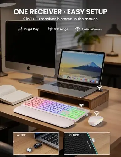 Wireless Keyboard and Mouse Combo, RGB Backlit, Rechargeable & Light Up Letters, Full-Size, Soft Typing, Sleep Mode, 2.4GHz Quiet Keyboard Set for Mac, Windows, Laptop, PC, Trueque KM42Pro - 4