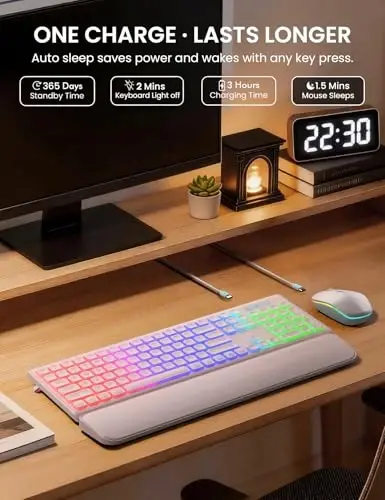 Wireless Keyboard and Mouse Combo, RGB Backlit, Rechargeable & Light Up Letters, Full-Size, Soft Typing, Sleep Mode, 2.4GHz Quiet Keyboard Set for Mac, Windows, Laptop, PC, Trueque KM42Pro - 5
