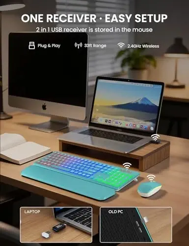 Wireless Keyboard and Mouse Combo, RGB Backlit, Rechargeable & Light Up Letters, Full-Size, Soft Typing, Sleep Mode, 2.4GHz Quiet Keyboard Set for Mac, Windows, Laptop, PC, Trueque KM42Pro - 5