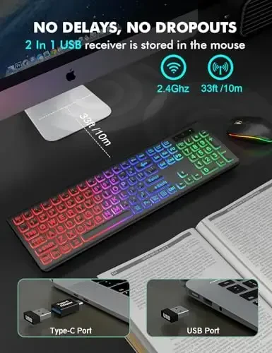 Wireless Keyboard and Mouse Combo, RGB Backlit, Rechargeable & Light Up Letters, Full-Size, Soft Typing, Sleep Mode, 2.4GHz Quiet Keyboard Set for Mac, Windows, Laptop, PC, Trueque (Matte Black) - 6