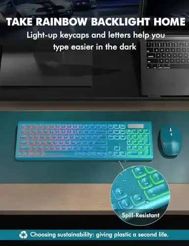Wireless Keyboard and Mouse Combo, RGB Backlit, Rechargeable & Light Up Letters, Full-Size, Soft Typing, Sleep Mode, 2.4GHz Quiet Keyboard Set for Mac, Windows, Laptop, PC, Trueque (Metallic Blue) - 7