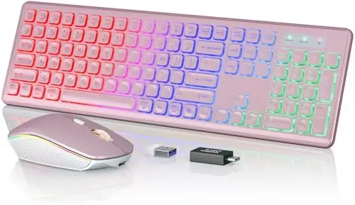 Wireless Keyboard and Mouse Combo, RGB Backlit, Trueque KM42Pro | RGB Rainbow Backlit, Rechargeable Keyboard Mouse, Sleep Mode, 2.4GHz Wireless, Silent Soft Typing, USB-C Adapter - 1