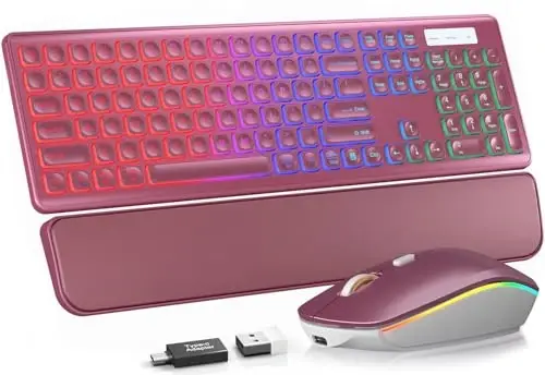 Wireless Keyboard and Mouse Combo with 7 Colored Backlits, Wrist Rest, Rechargeable Ergonomic Keyboard with Phone Holder, Silent Lighted Full Size Combo for Windows, Mac, PC, Laptop-Trueque (White) 