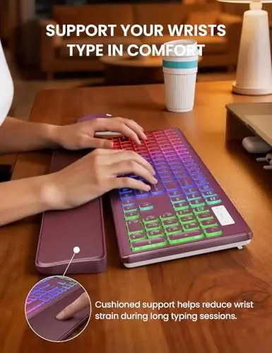 Wireless Keyboard and Mouse Combo with 7 Colored Backlits, Wrist Rest, Rechargeable Ergonomic Keyboard with Phone Holder, Silent Lighted Full Size Combo for Windows, Mac, PC, Laptop-Trueque (White) - 3
