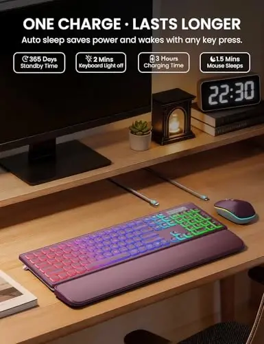 Wireless Keyboard and Mouse Combo with 7 Colored Backlits, Wrist Rest, Rechargeable Ergonomic Keyboard with Phone Holder, Silent Lighted Full Size Combo for Windows, Mac, PC, Laptop-Trueque (White) - 4