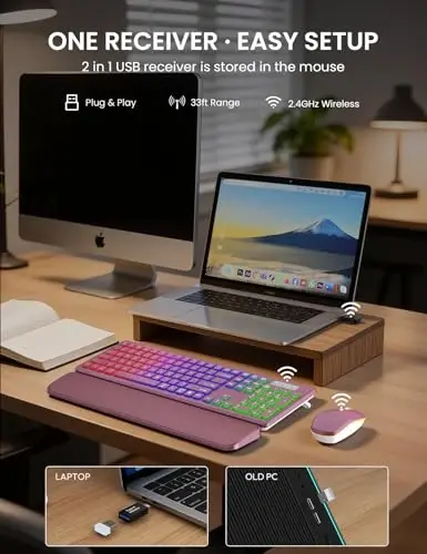 Wireless Keyboard and Mouse Combo with 7 Colored Backlits, Wrist Rest, Rechargeable Ergonomic Keyboard with Phone Holder, Silent Lighted Full Size Combo for Windows, Mac, PC, Laptop-Trueque (White) - 5