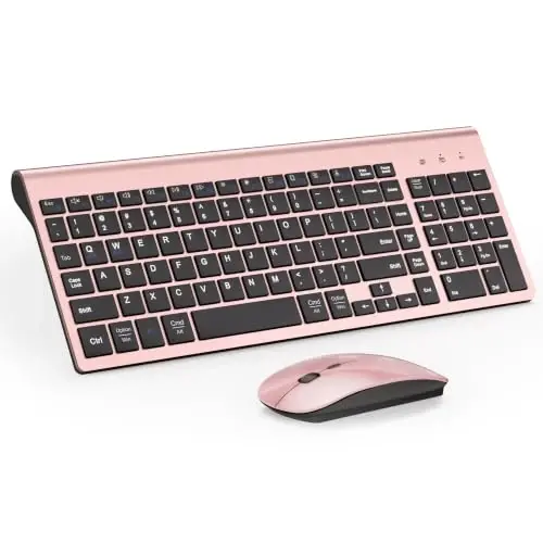 Wireless Keyboard and Mouse Ultra Slim Combo, Dual System - Rose Gold Black | TopMate 2.4G Silent Compact 2400DPI Mouse and Scissor Switch Keyboard Set with Cover and Batteries, for PC/Laptop/Windows/Mac - 1