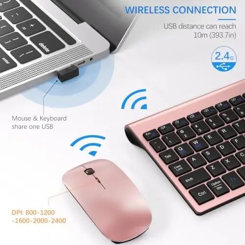 Wireless Keyboard and Mouse Ultra Slim Combo, Dual System - Rose Gold Black | TopMate 2.4G Silent Compact 2400DPI Mouse and Scissor Switch Keyboard Set with Cover and Batteries, for PC/Laptop/Windows/Mac - 3