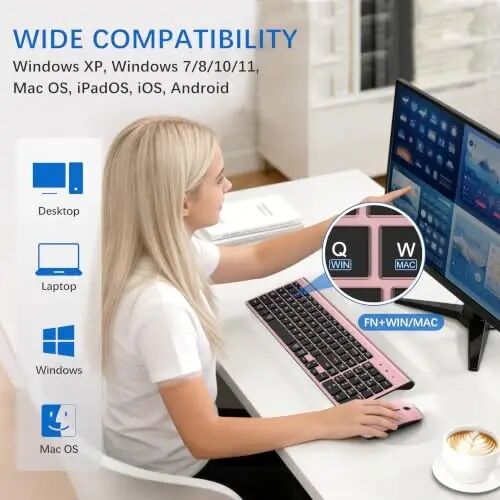 Wireless Keyboard and Mouse Ultra Slim Combo, Dual System - Rose Gold Black | TopMate 2.4G Silent Compact 2400DPI Mouse and Scissor Switch Keyboard Set with Cover and Batteries, for PC/Laptop/Windows/Mac - 4