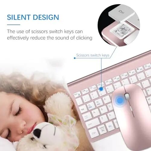 Wireless Keyboard and Mouse Ultra Slim Combo, Dual System - Rose Gold White | TopMate 2.4G Silent Compact 2400DPI Mouse and Scissor Switch Keyboard Set with Cover and Batteries, for PC/Laptop/Windows/Mac - TopMate (1)