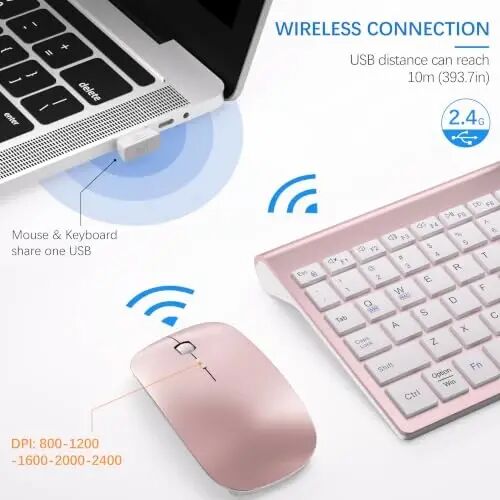 Wireless Keyboard and Mouse Ultra Slim Combo, Dual System - Rose Gold White | TopMate 2.4G Silent Compact 2400DPI Mouse and Scissor Switch Keyboard Set with Cover and Batteries, for PC/Laptop/Windows/Mac - 3