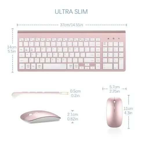 Wireless Keyboard and Mouse Ultra Slim Combo, Dual System - Rose Gold White | TopMate 2.4G Silent Compact 2400DPI Mouse and Scissor Switch Keyboard Set with Cover and Batteries, for PC/Laptop/Windows/Mac - 6