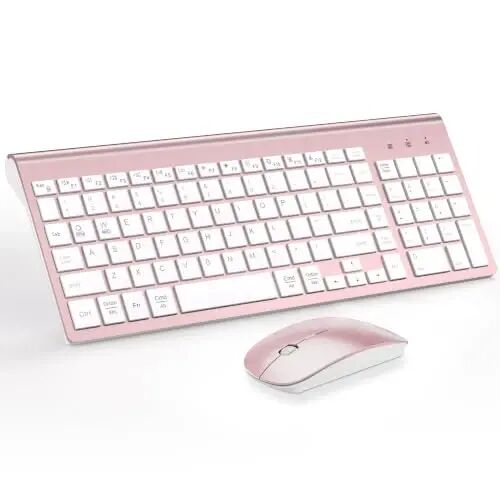 Wireless Keyboard and Mouse Ultra Slim Combo, Dual System - Rose Gold White | TopMate 2.4G Silent Compact 2400DPI Mouse and Scissor Switch Keyboard Set with Cover and Batteries, for PC/Laptop/Windows/Mac - TopMate
