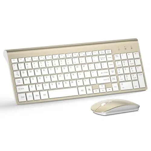 Wireless Keyboard and Mouse Ultra Slim Combo, TopMate 2.4G Silent Compact USB 2400DPI Mouse and Scissor Switch Keyboard Set with Cover, Batteries Included, for PC/Laptop/Windows/Mac - Gold White - 1