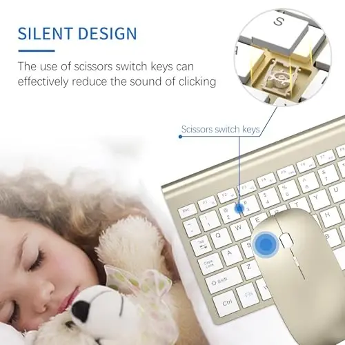 Wireless Keyboard and Mouse Ultra Slim Combo, TopMate 2.4G Silent Compact USB 2400DPI Mouse and Scissor Switch Keyboard Set with Cover, Batteries Included, for PC/Laptop/Windows/Mac - Gold White - 2