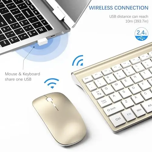 Wireless Keyboard and Mouse Ultra Slim Combo, TopMate 2.4G Silent Compact USB 2400DPI Mouse and Scissor Switch Keyboard Set with Cover, Batteries Included, for PC/Laptop/Windows/Mac - Gold White - 3