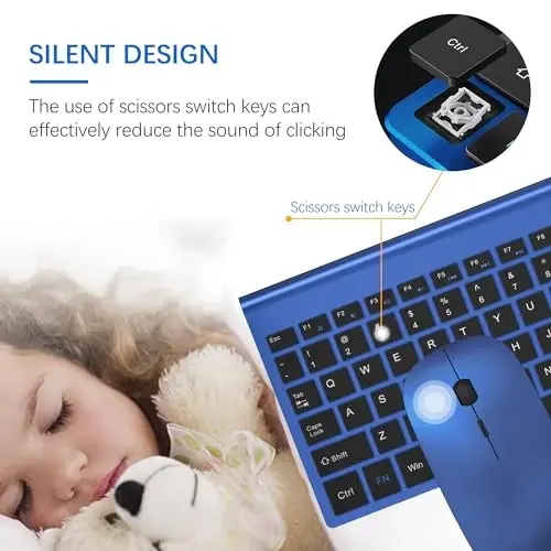 TopMate Wireless Keyboard and Mouse Ultra Slim Combo, 2.4G Silent Compact USB Mouse and Scissor Switch Keyboard Set with Cover, 2 AA and 2 AAA Batteries, for PC/Laptop/Windows/Mac - Blue Black - TOPMATE (1)