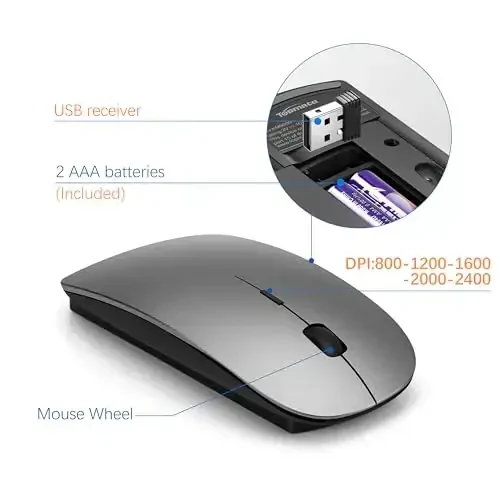 Wireless Keyboard and Mouse Ultra Slim Combo, TopMate 2.4G Silent Compact USB 2400DPI Mouse and Scissor Switch Keyboard Set with Cover, Batteries Included, for PC/Laptop/Windows/Mac - Gray Black - 4