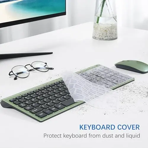 Wireless Keyboard and Mouse Ultra Slim Combo, TopMate 2.4G Silent Compact USB 2400DPI Mouse and Scissor Switch Keyboard Set with Cover, Batteries Included, for PC/Laptop/Windows/Mac - Green Black - 5