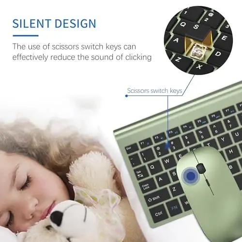 Wireless Keyboard and Mouse Ultra Slim Combo, TopMate 2.4G Silent Compact USB 2400DPI Mouse and Scissor Switch Keyboard Set with Cover, Batteries Included, for PC/Laptop/Windows/Mac - Green Black - 2