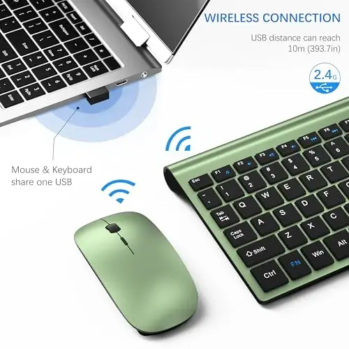 Wireless Keyboard and Mouse Ultra Slim Combo, TopMate 2.4G Silent Compact USB 2400DPI Mouse and Scissor Switch Keyboard Set with Cover, Batteries Included, for PC/Laptop/Windows/Mac - Green Black - 3