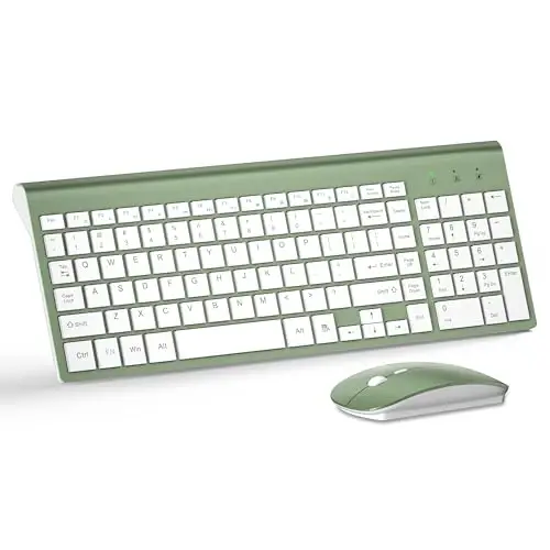 Wireless Keyboard and Mouse Ultra Slim Combo, TopMate 2.4G Silent Compact USB 2400DPI Mouse and Scissor Switch Keyboard Set with Cover, Batteries Included, for PC/Laptop/Windows/Mac - Green White 